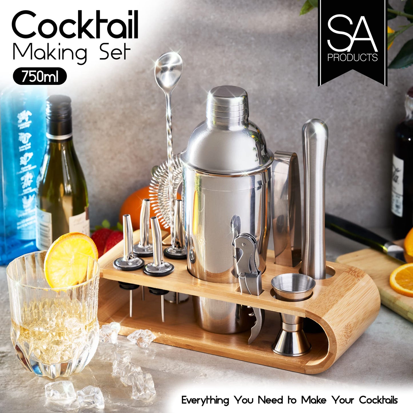 - SA Products 12 Piece Cocktail Shaker Set | Stainless Steel Cocktail Accessories | Bartender Kit with Drink Shaker, Jigger, Spoon, Strainer, Corkscrew, Ice Tongs, Pestle, Pourers, Bamboo Display Stand -