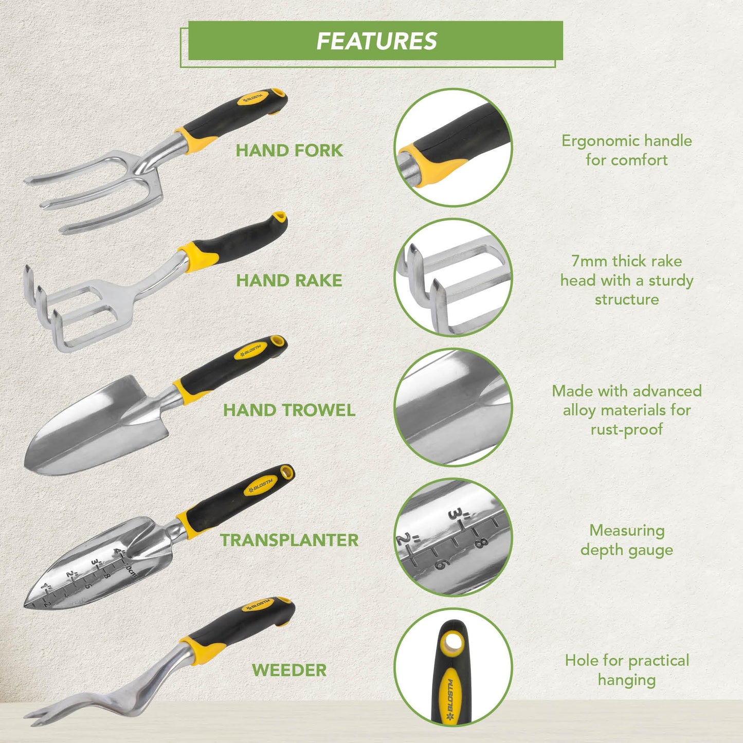 BLOSTM Gardening Tools Set 5 PCS - Heavy Duty Garden Tools for Gardening with Ergonomic Handles, Anti-Rust Garden Trowel and Fork Set, Weeder Tool, Transplanter Trowel, Hand Rake Garden Hand Tools