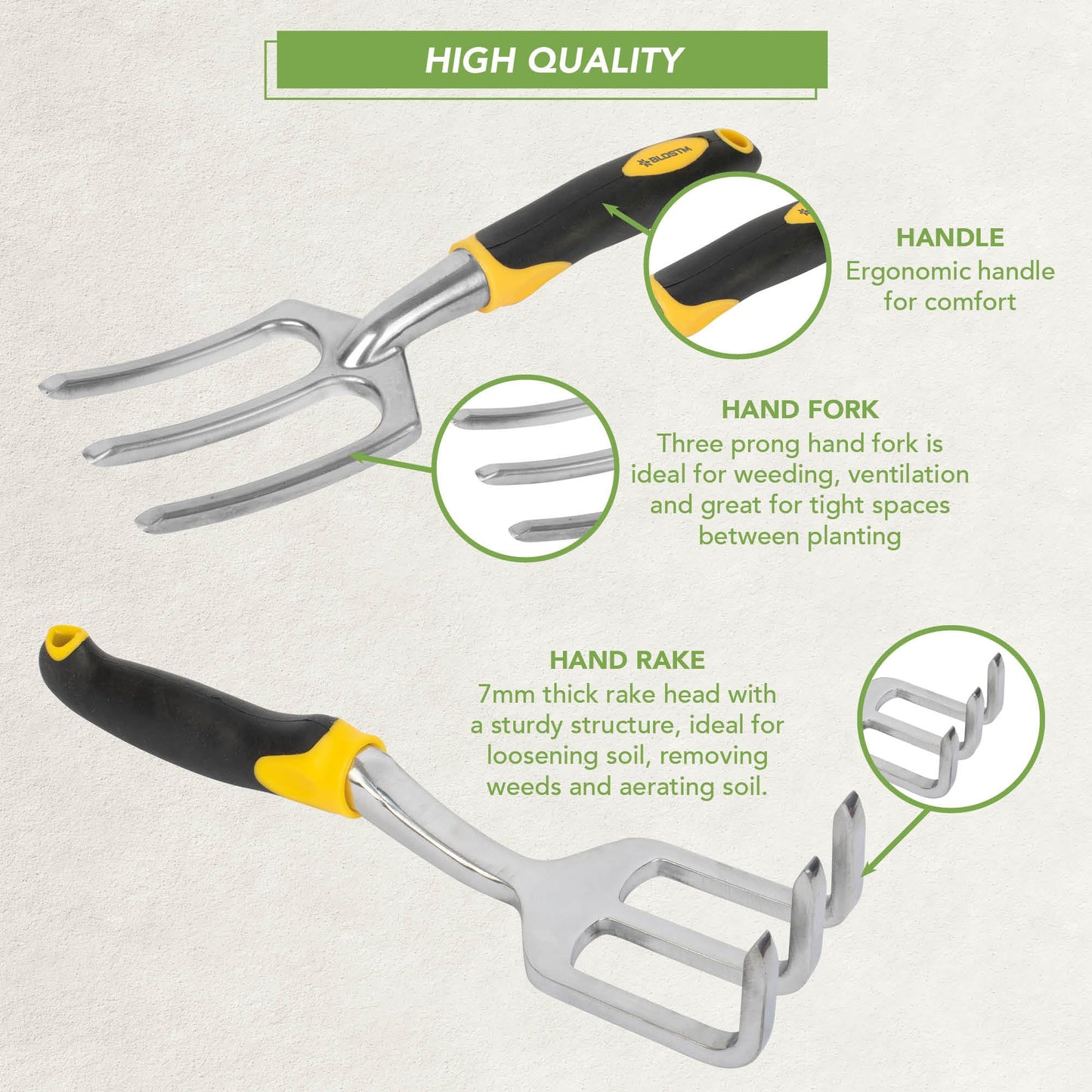 BLOSTM Gardening Tools Set 5 PCS - Heavy Duty Garden Tools for Gardening with Ergonomic Handles, Anti-Rust Garden Trowel and Fork Set, Weeder Tool, Transplanter Trowel, Hand Rake Garden Hand Tools