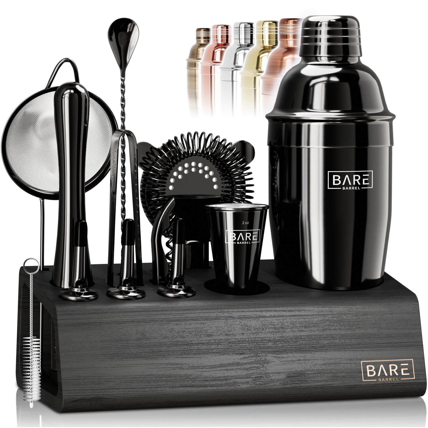 BARE BARREL® Cocktail Making Kit | 14-Piece Bartender Kit Cocktail Shaker Set Maker | Bamboo Display Stand & 35 Recipe Cards | Mixology Cocktail Gift Set (675ml/24oz Cobbler Shaker, Jet Black)