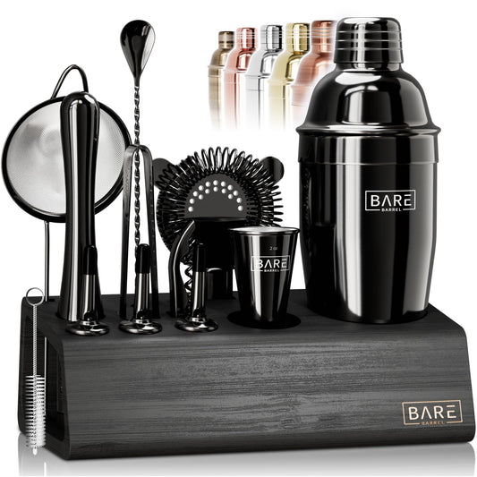 BARE BARREL® Cocktail Making Kit | 14-Piece Bartender Kit Cocktail Shaker Set Maker | Bamboo Display Stand & 35 Recipe Cards | Mixology Cocktail Gift Set (675ml/24oz Cobbler Shaker, Jet Black)