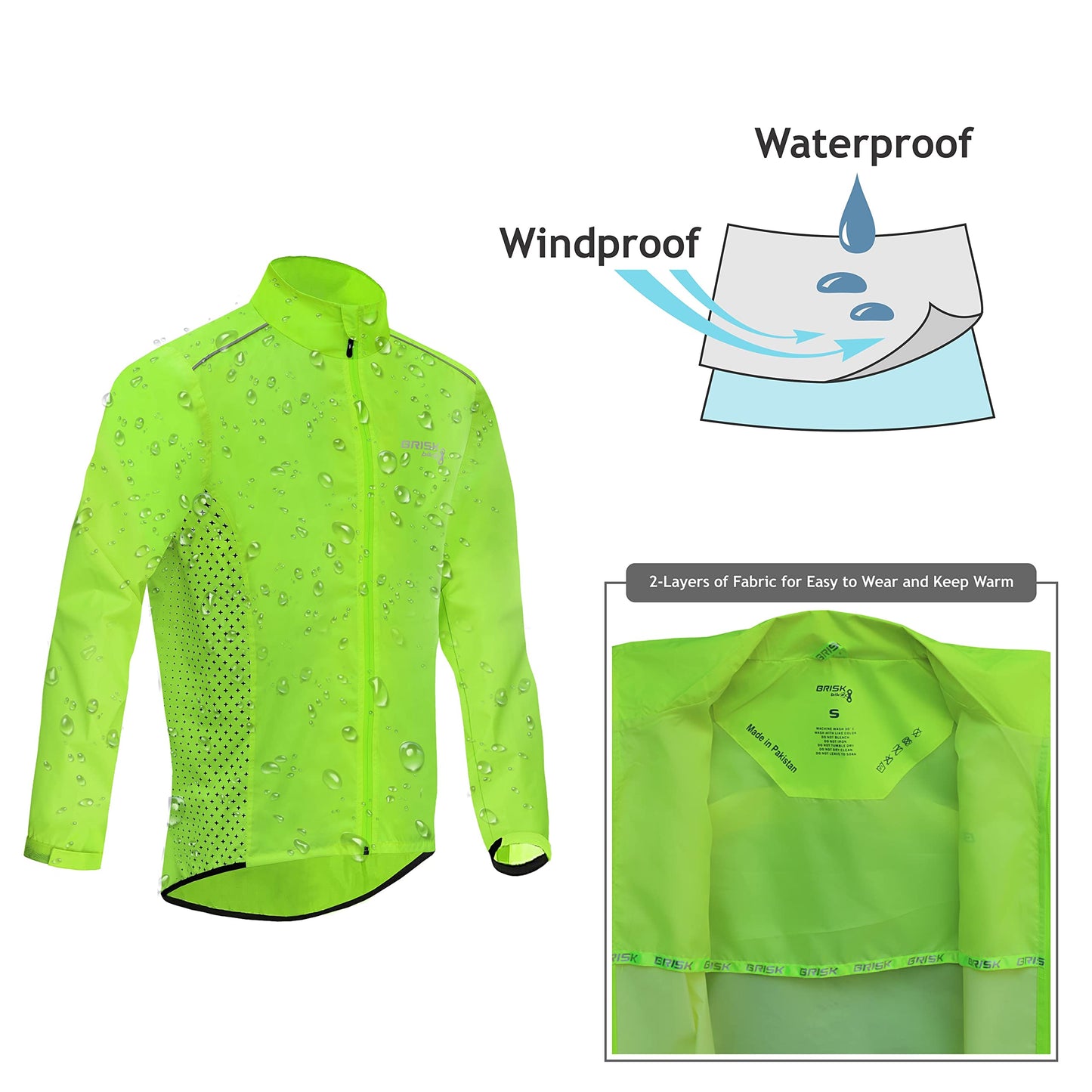 Brisk Bike Cycling Rain Jacket High Vis Full Sleeve (Green, Large)