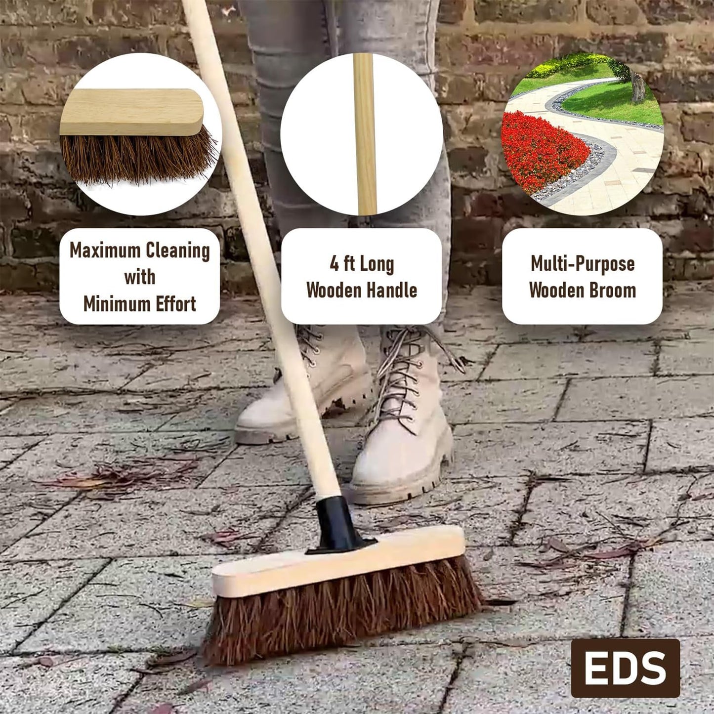 10” Garden Broom Outdoor with Wooden Handle Natural Stiff Bassine Hard Bristle Broom with Durable Support Bracket Yard Brush Heavy Duty Broom Outdoor Stiff Sweeping Yard Brush (Pack of 1)