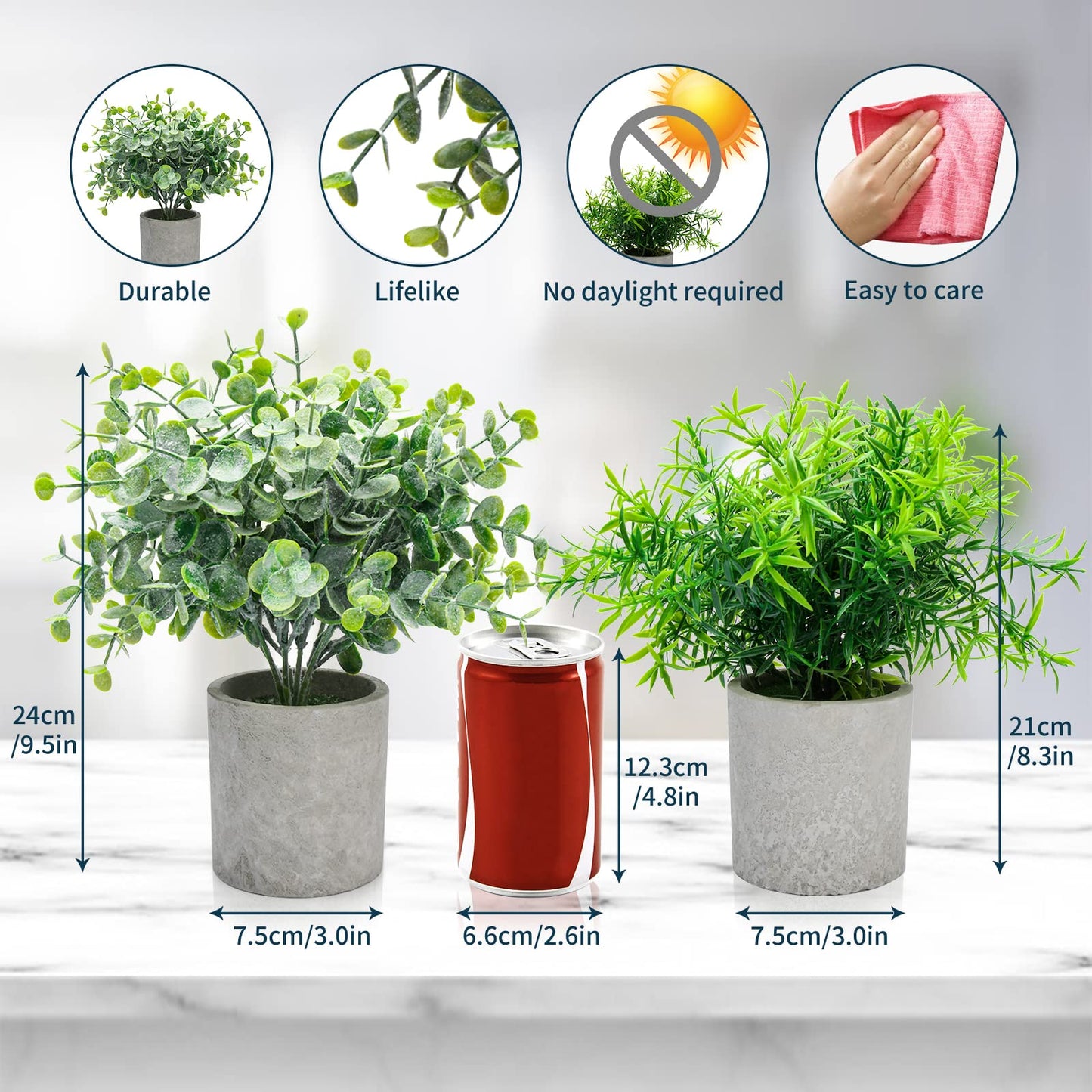 4 Set Artificial Plants Indoors in Pots Plastic Potted, Eucalyptus, Rosemary, Small Fake Succulents Faux Plants for Office Desk Bedroom Kitchen House Decoration