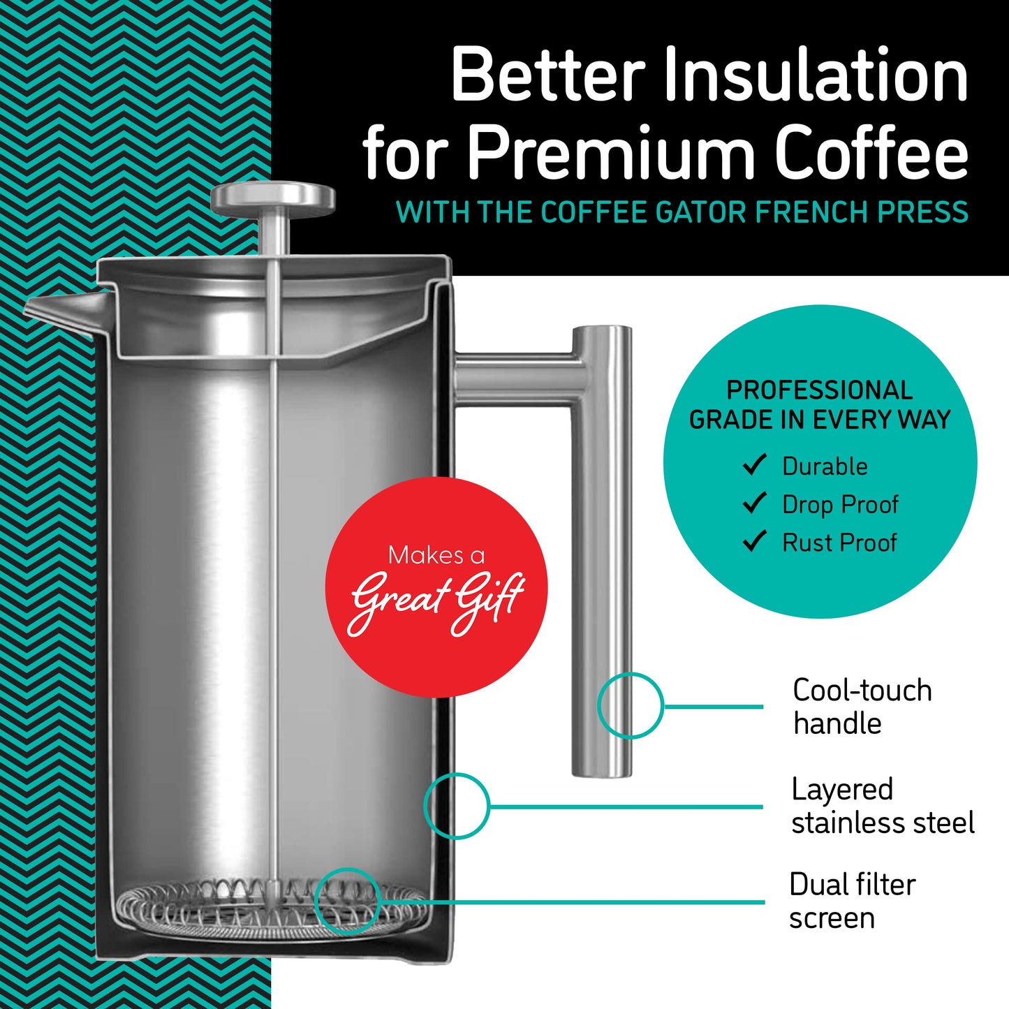 Coffee Gator Cafetiere - 1 Litre French Press Coffee Maker - Large Capacity, Double-Wall Insulated Stainless Steel Brewer - Hotter for Longer – Grey