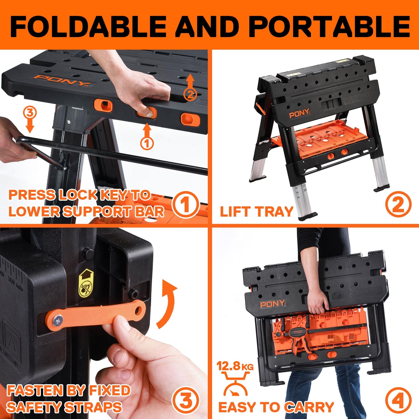 - PONY 2-in-1 Folding Workbench | Max Weight 227 kg | Comes With Tool Tray, 79 x 89 x 63.5 cm -