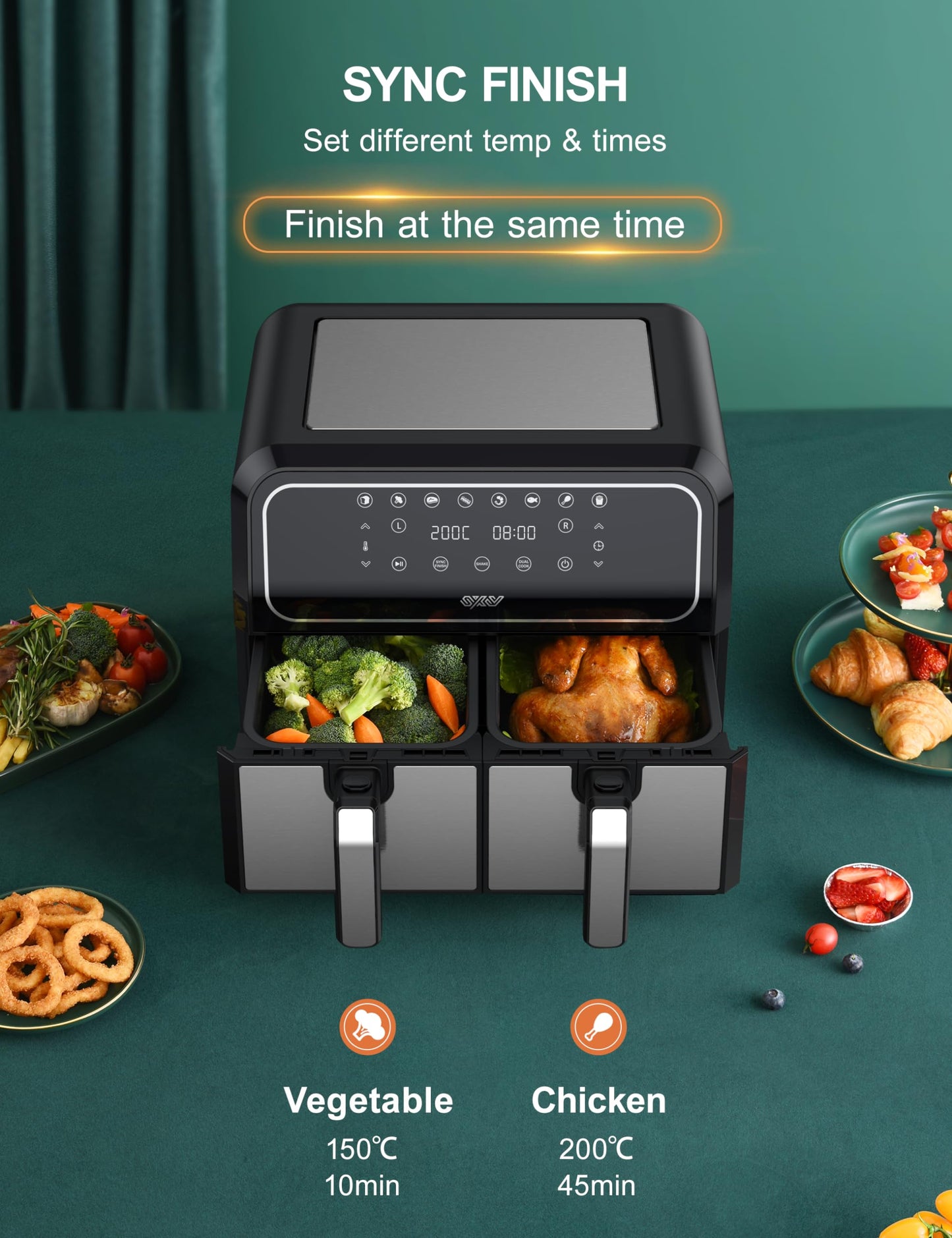 - Innsky Dual Zone Hot Air Fryer Double Chamber 8L | 8 Programmes Hot Air Fryer | Double Air Fryer | 2 Baskets -