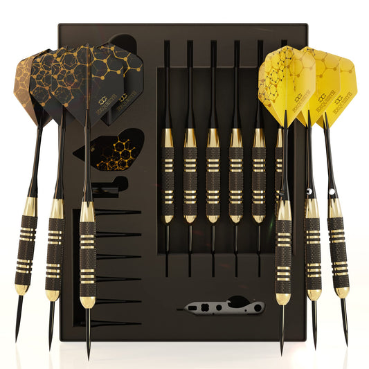 CC-Exquisite Professional Steel Tip Darts Set - 6 x 22g Brass Barrels with 12 Flights Standard/Slim, 12 Aluminum Shafts 35/48mm, 12 O-Rings, Dart Tool, Dart Sharpener and Case…