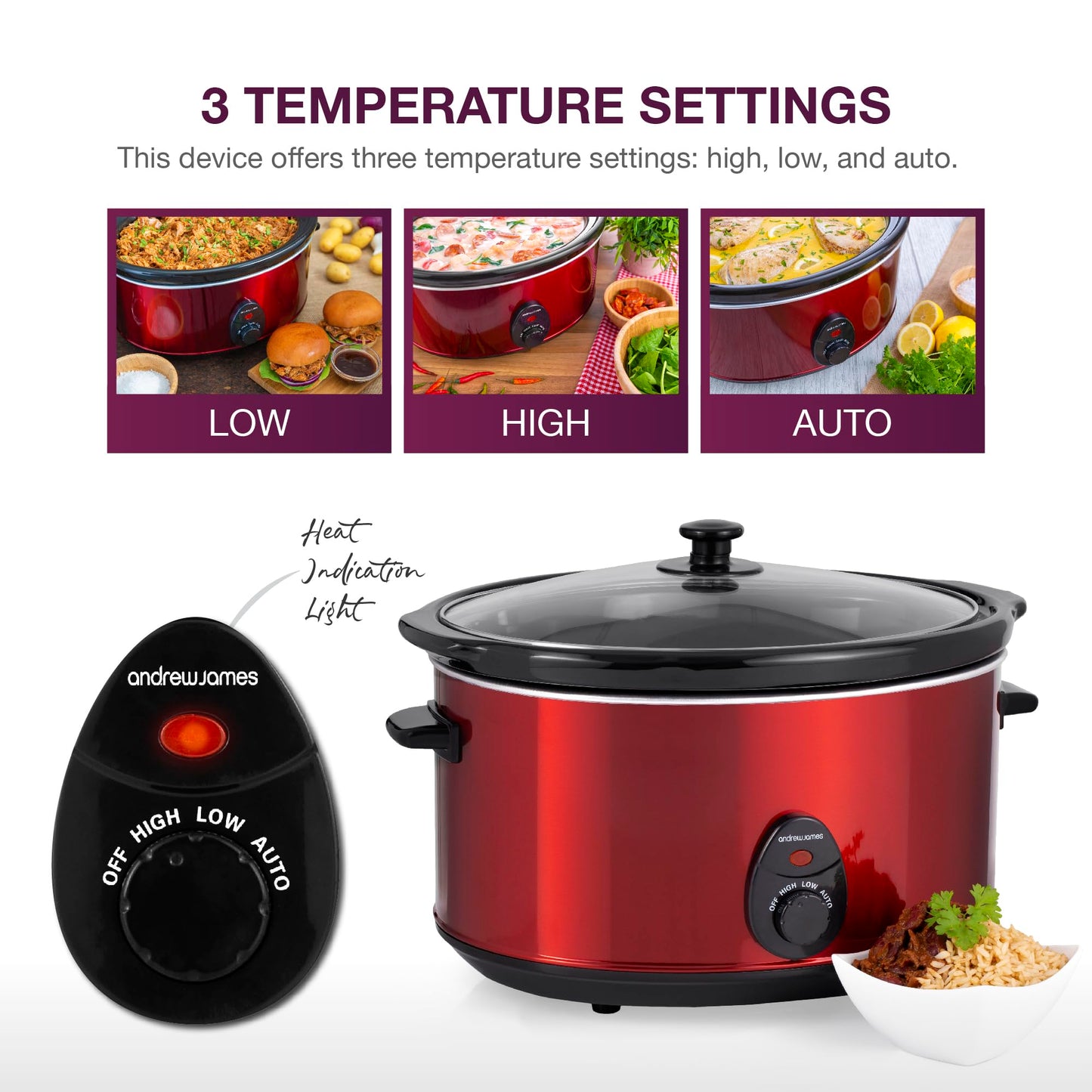 Andrew James Slow Cooker, Removeable Easy Clean Ceramic Bowl, 3 Temperature Settings, Energy Efficient, Tempered Glass Lid, Cool Touch Handles & Non-Slip Feet (Red, 8L)