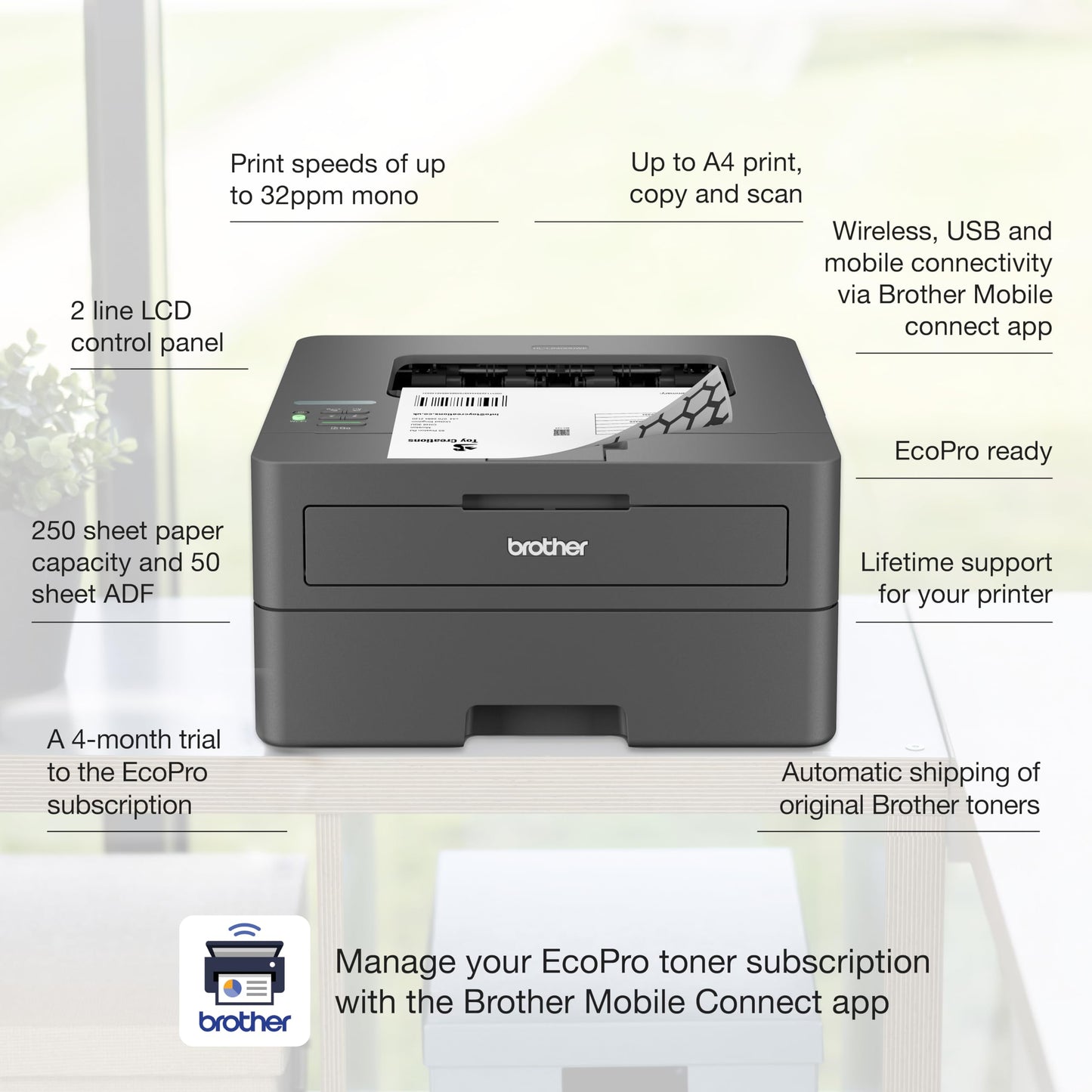 BROTHER HL-L2400DWE Mono Laser Printer with EcoPro subscription | 4 mths free trial | Automatic toner delivery | Free manufacturers gurantee | UK Plug