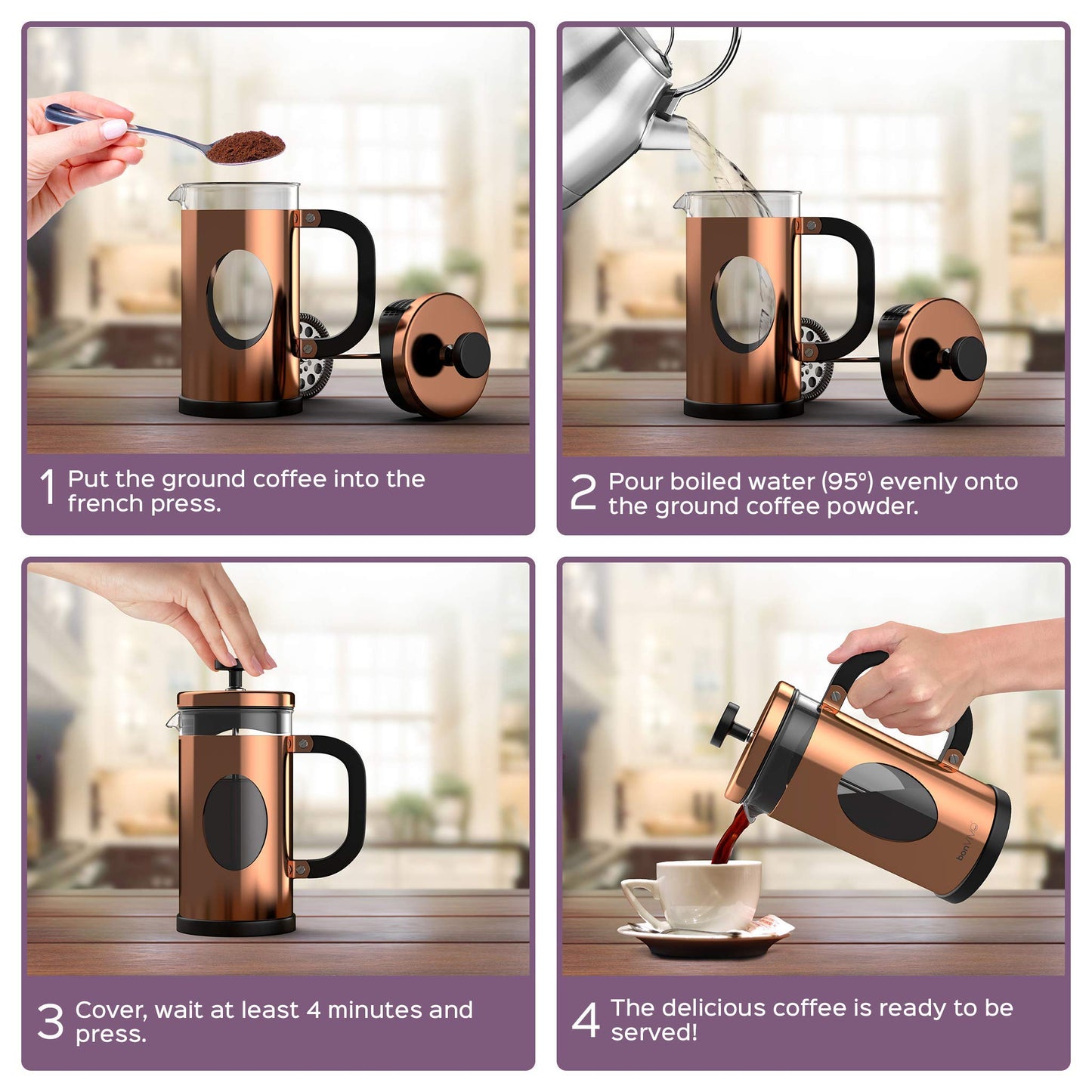 bonVIVO Cafetiere - GAZETARO I 350ml, 8 Cup, Stainless Steel French Press Coffee Maker w/Bonus Scoop and Replacement Filter Mesh - Heat-Resistant Coffee Press - Gifts for Women and Men Copper