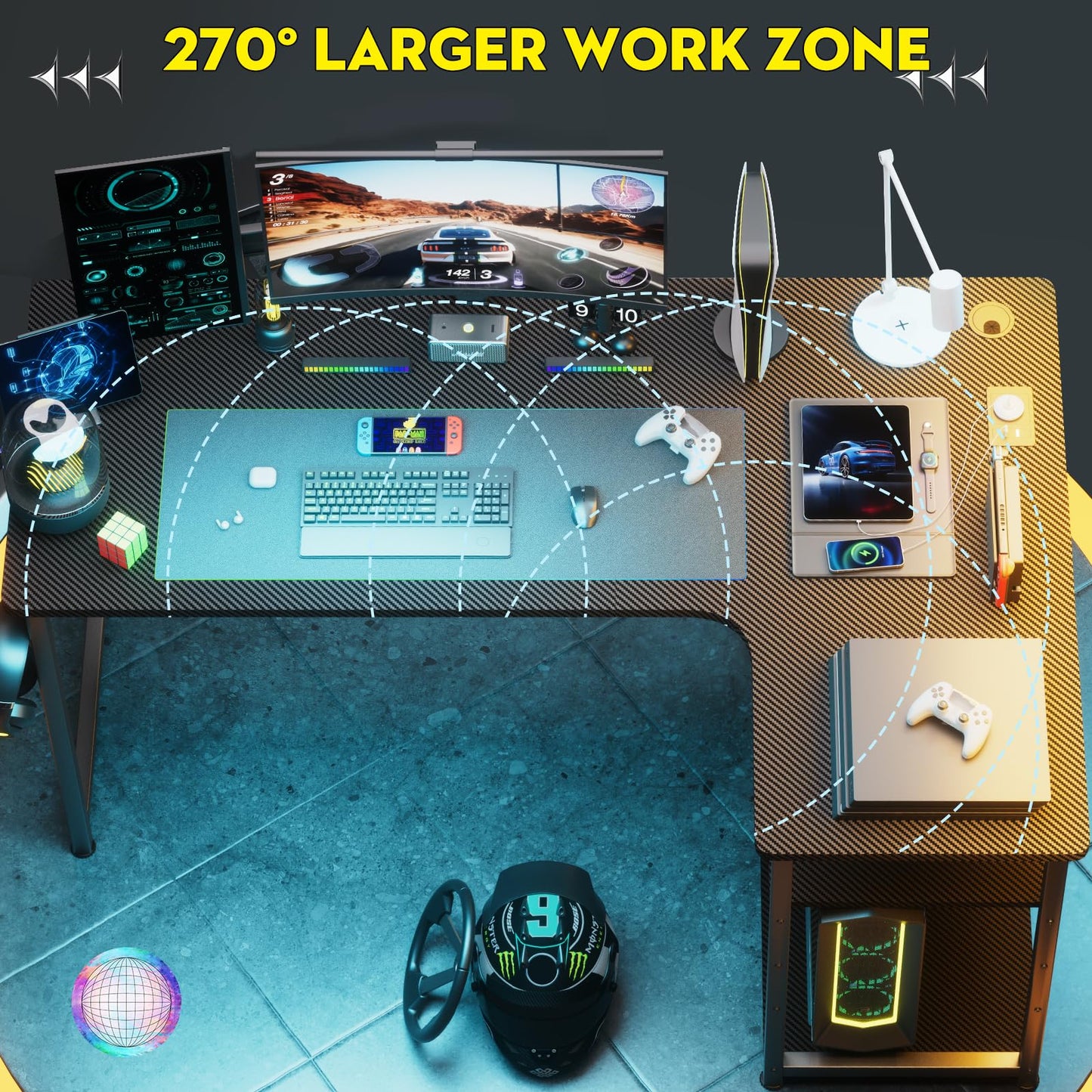 COMHOMA L Shaped Gaming Desk with Power Outlets Corner Computer Desk 110x80CM with Shelves Headphone Hook PC Table Workstation for Home Office Bedroom Black