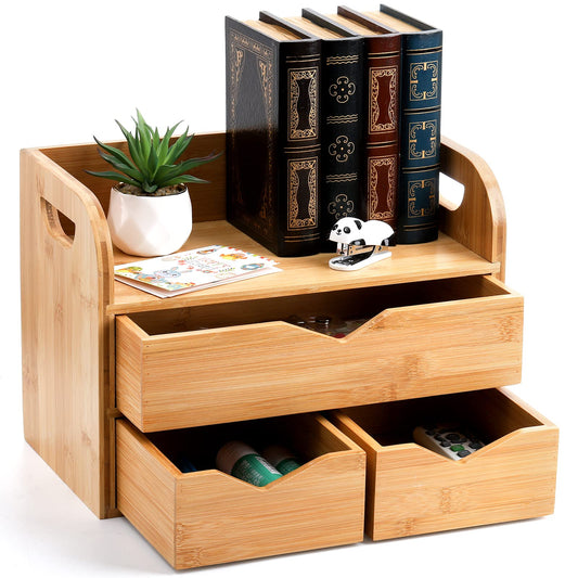 - Hacaroa 3 Tier Bamboo Desktop Organizer with 3 Drawers | Mini Tabletop Craft Box Cosmetic Storage Drawer with Handle -