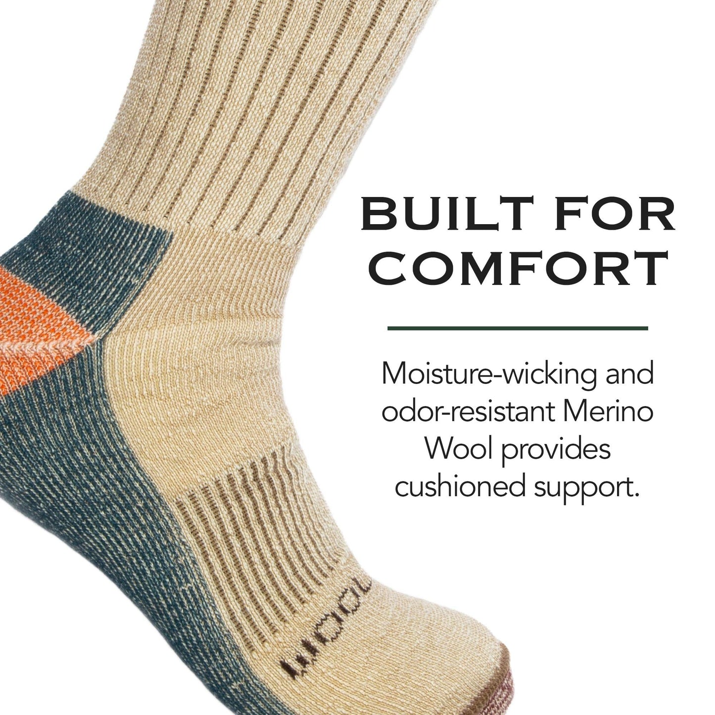 - WOOLRICH Merino Wool Socks for Men - Made in USA, Crew Hiking Sock, Made of 78% Merino Lambswool w/Padded Arch, 2 Pairs, Coffee Brown