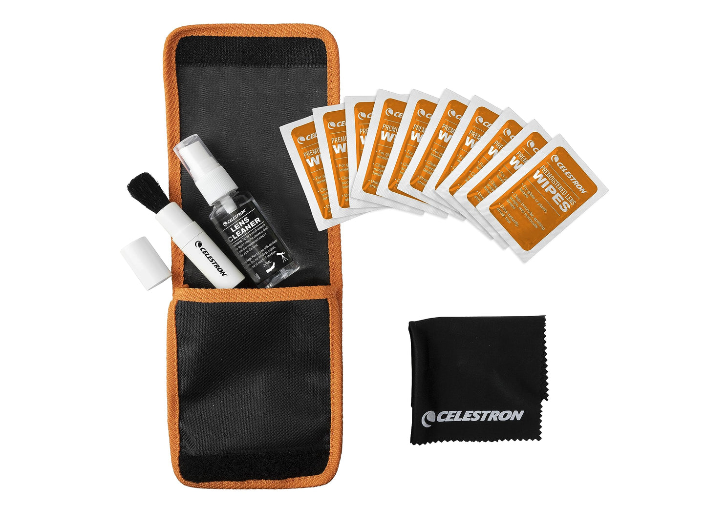 Celestron 93576 Lens Cleaning Kit - Includes 10 x Lens Wipes, Cleaning Fluid, Lens Cloth and Retractable Lens Brush in a Soft Carry Pouch, Black/Orange