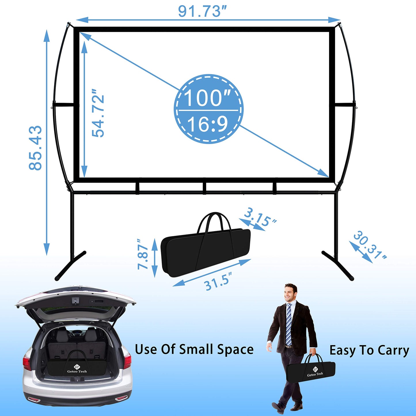 - Projector Screen with Stand Foldable Portable Movie Screen 100 Inch(16:9) | HD 4K Double Sided Projection Screen -