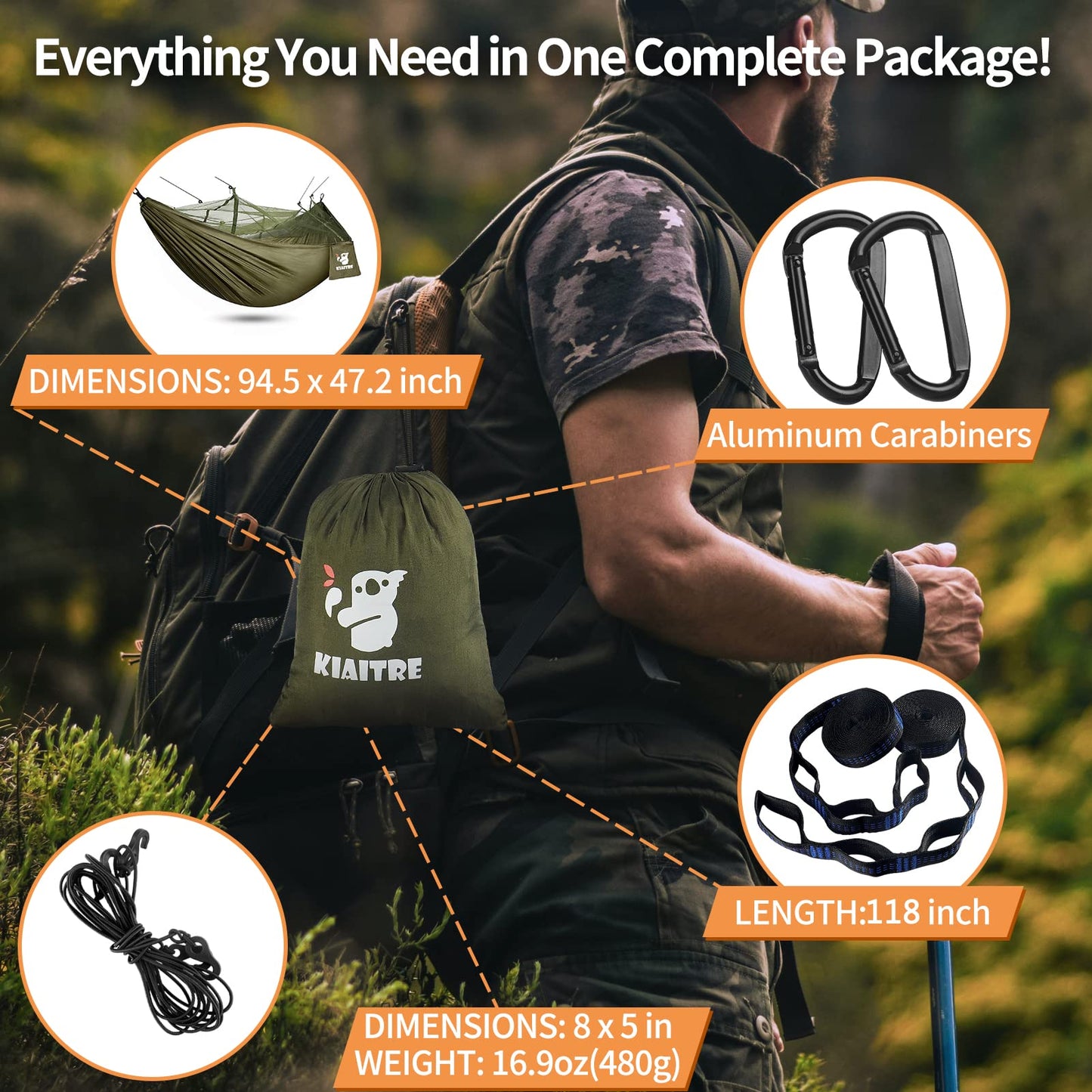 - Kiaitre Camping Hammock | Mosquito Net | 210T Quick-drying Parachute Nylon Lightweight Portable Travel Hammock -