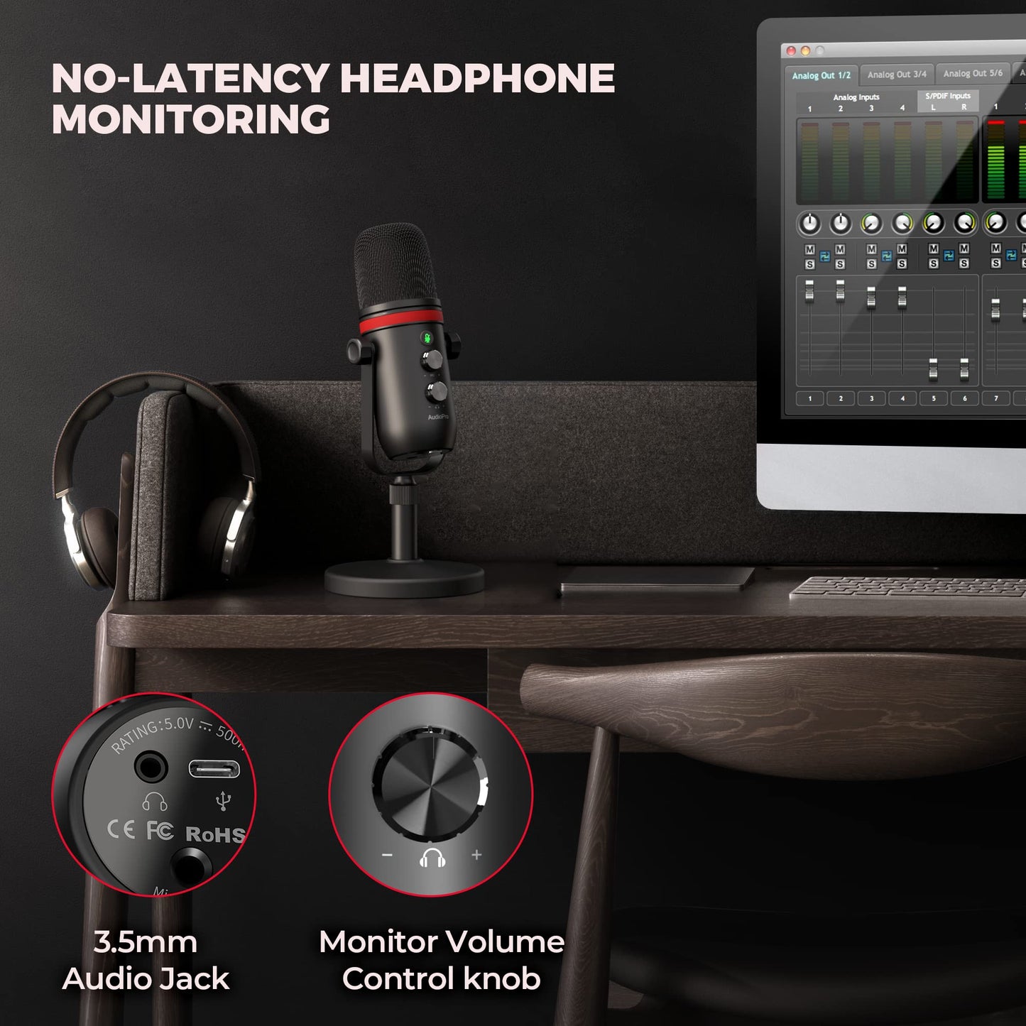 AUDIOPRO USB Microphone - Computer Condenser Gaming Mic for PC/Laptop/Phone/PS4/5, Headphone Output, Volume Control, USB Type C Plug and Play, LED Mute Button, for Streaming, Podcast, Studio Recording