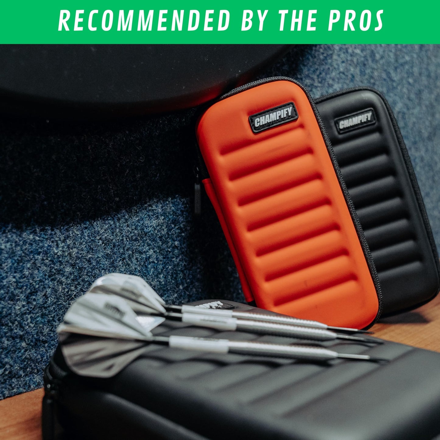 Champify® Black dart case with holder system to prevent the darts from slipping | Hard case for protection for 3 steel darts or soft darts & many pockets for dart flights & other accessories