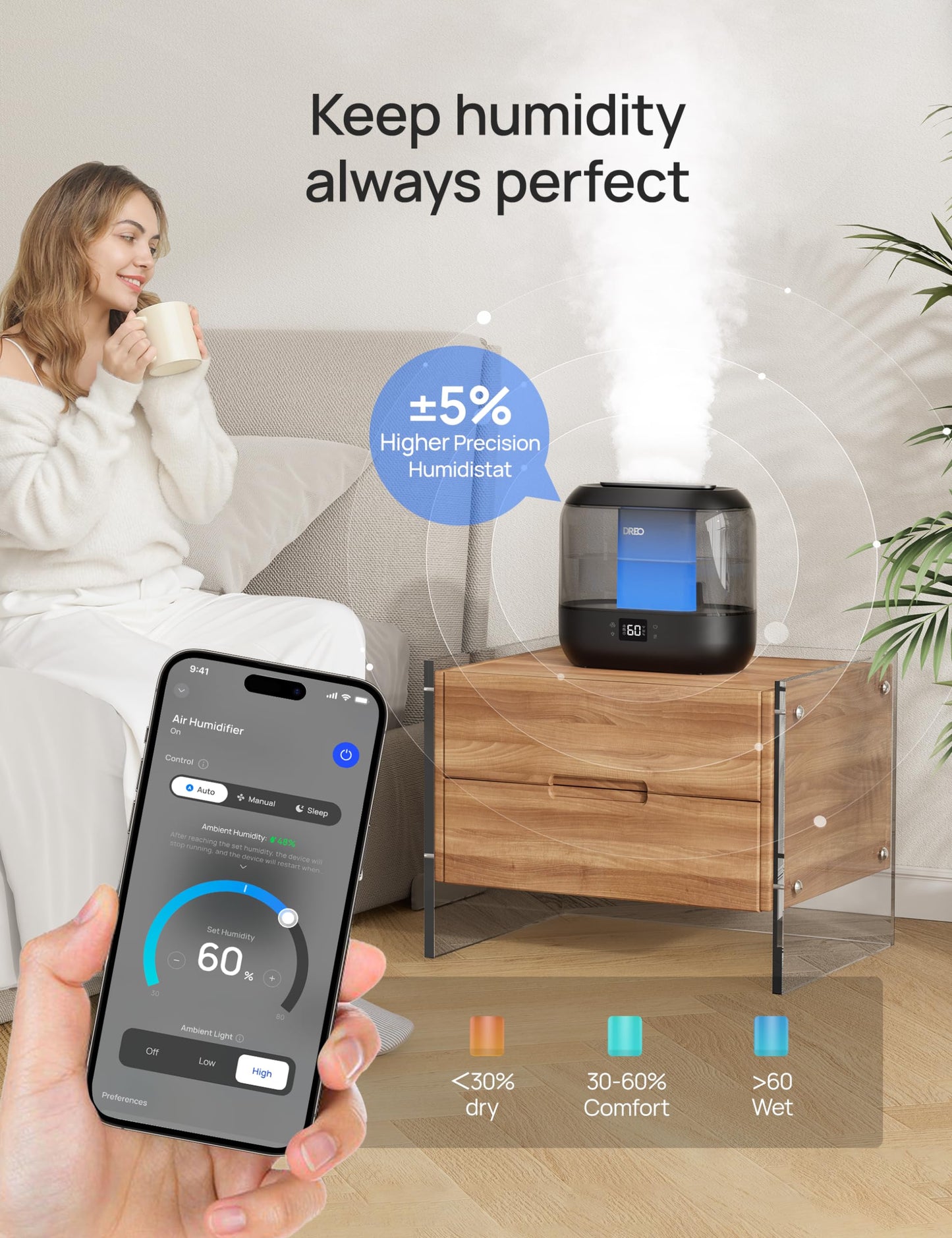 - Dreo Smart Humidifier for Bedroom | 4L Cool Mist Humidifier | Humidity Sensor | Auto Mode -