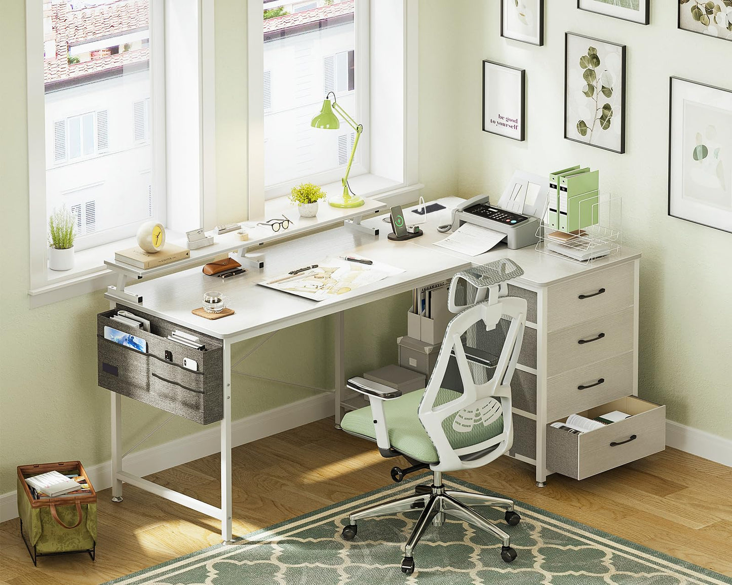 - ODK Corner Desk with Drawers | L Shaped Computer Desk | USB Charging Port -