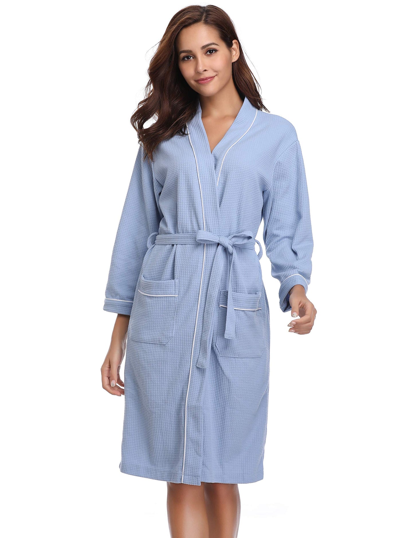 - Vlazom Waffle Dressing Gowns Unisex Kimono Robe Cotton Lightweight Bathrobe -