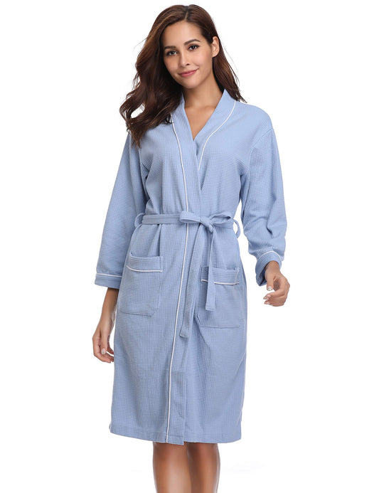 - Vlazom Waffle Dressing Gowns Unisex Kimono Robe Cotton Lightweight Bathrobe -