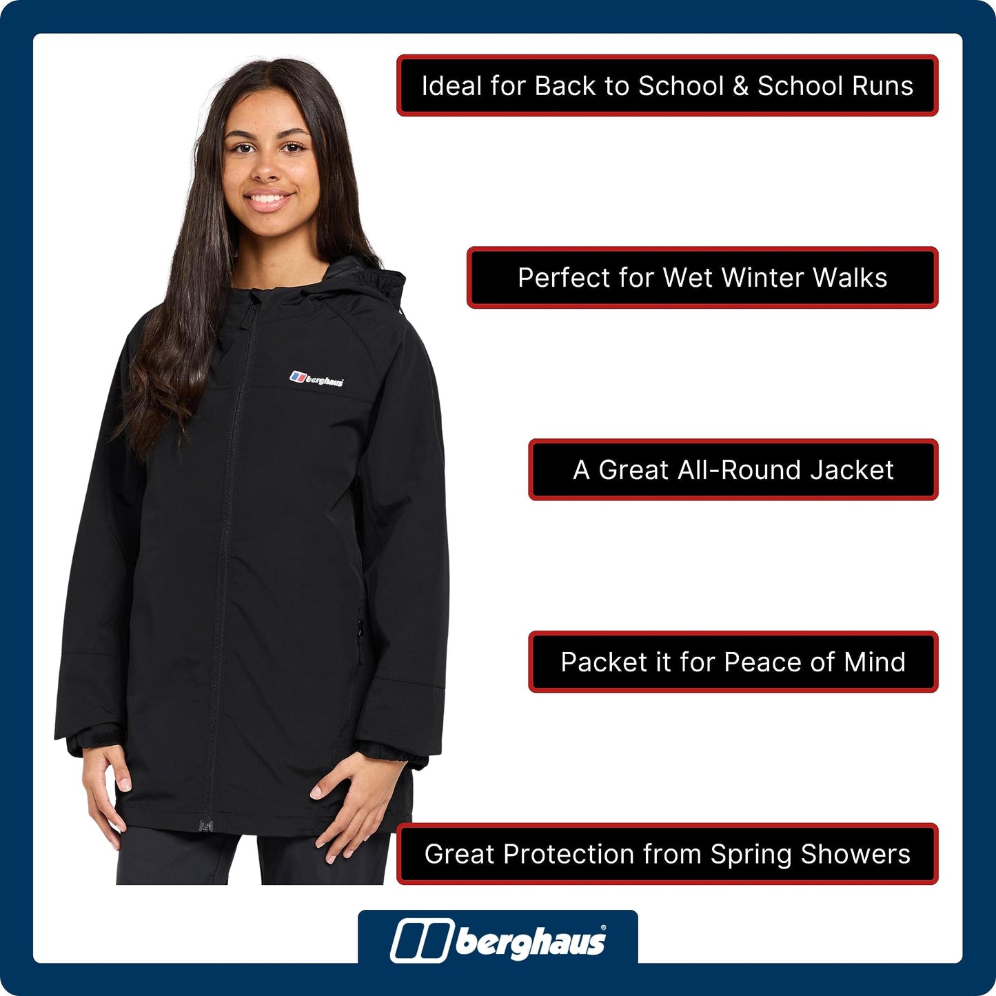 Berghaus Bowood Kids' Waterproof Jacket with Adjustable Hood, Kids' Rain Coat, Kids' Hiking & Outdoor Recreation Clothing (13 Years, Black)