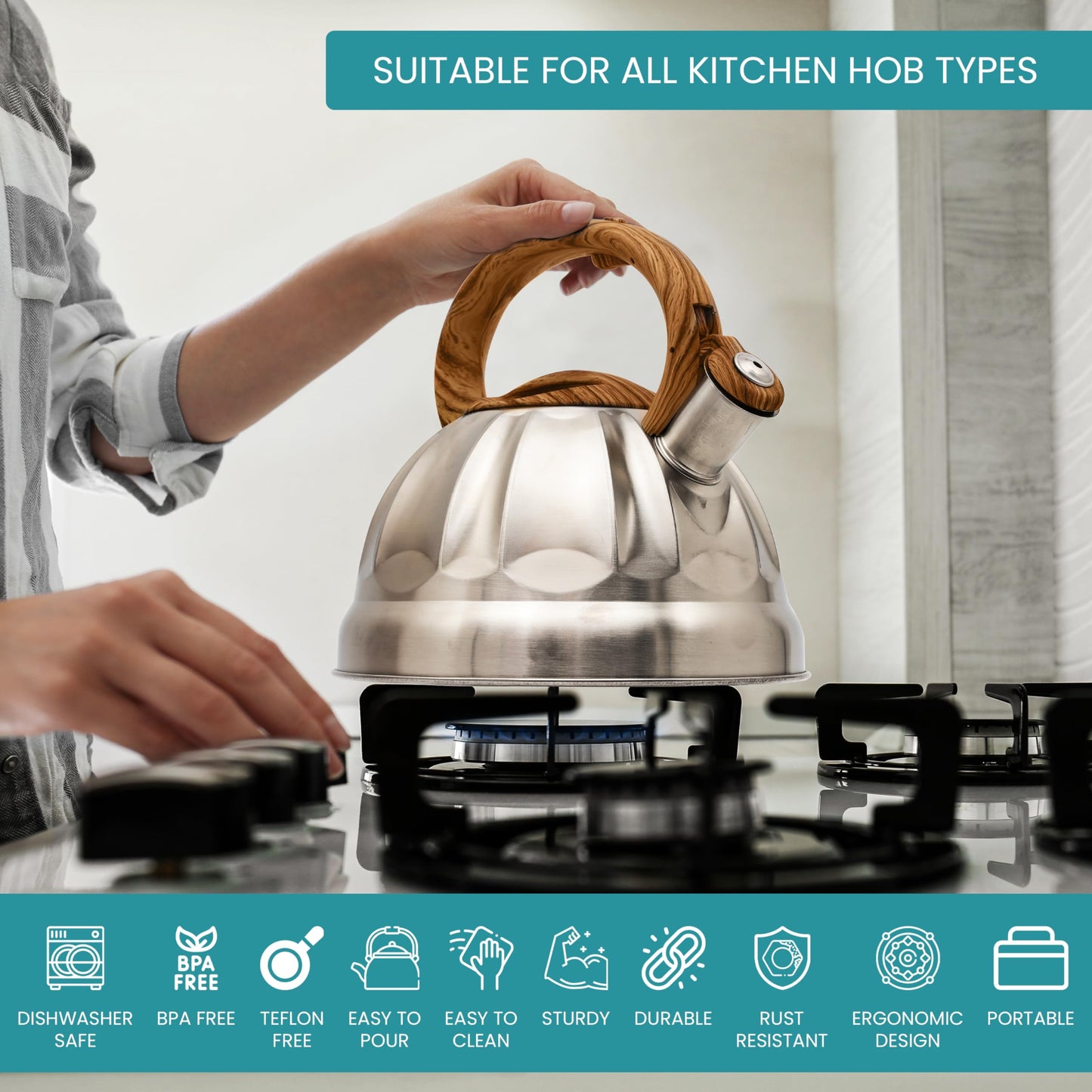 Belle Vous Silver Whistling Tea Kettle - 3L Tea Pot for Stovetop/Induction Stove Top - Stainless Steel Hot Water Camping Kettle Teapot for Tea/Coffee