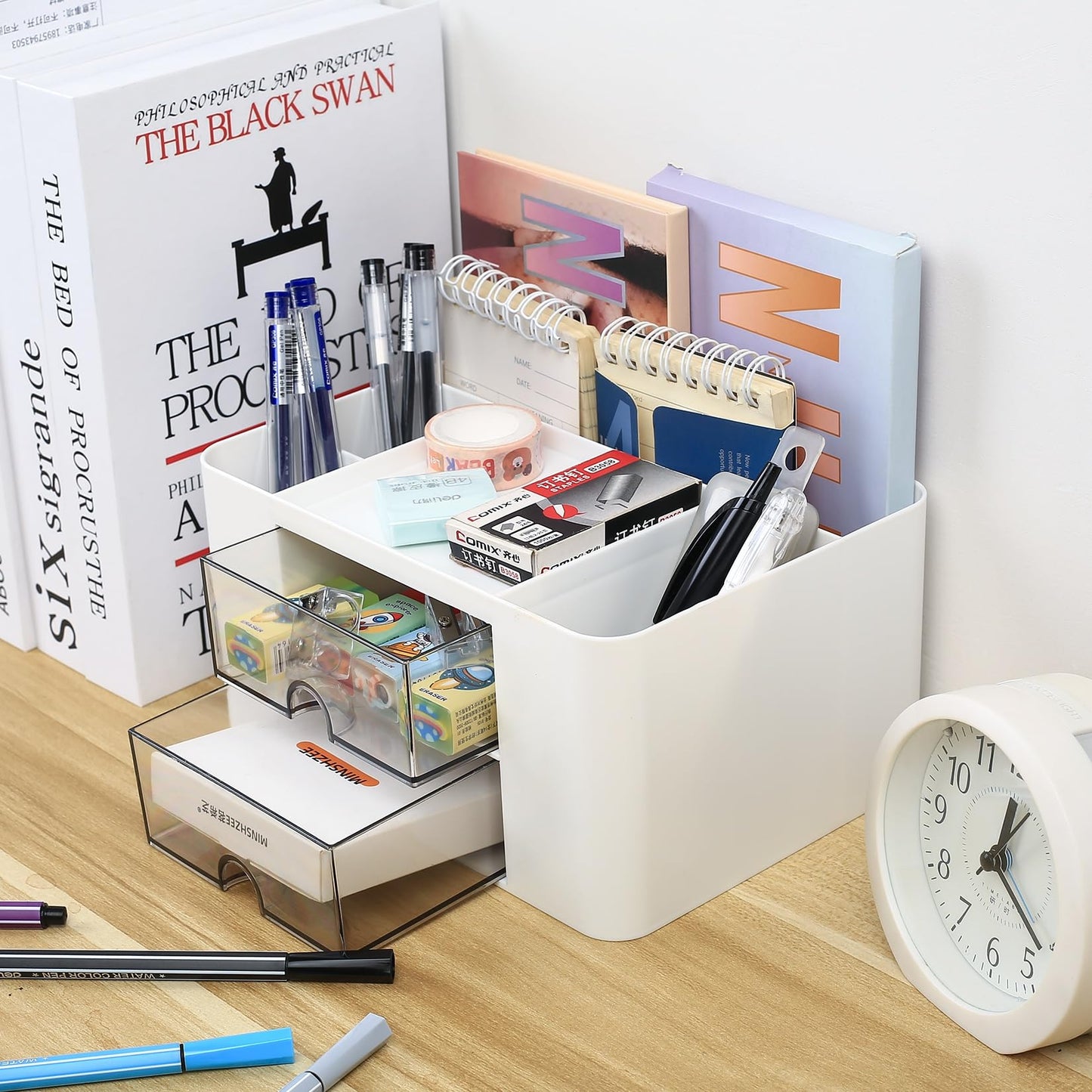 Desk Organiser Drawers, Desk Organiser with Drawer, Office Desk Supplies Organizer, Plastic Table Desktop Stationary Organiser Storage Pen Holder with 5 Compartments for School Office Home, White