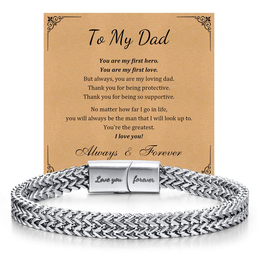 Dad Gifts for Father's Day - 8.5 Inches Stainless Steel Franco Chain Bracelet Engraved Love You Forever, Men's Bracelets Present for Daddy from Daughter Son Wife, Gift for Dad Birthday Christmas