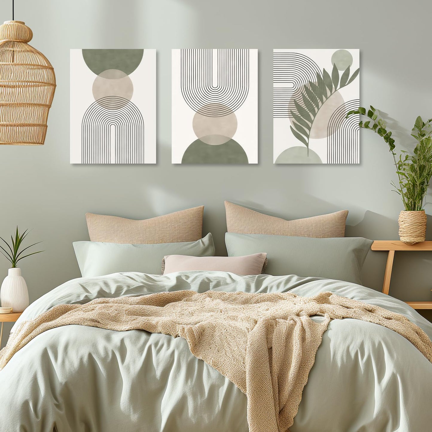 Dazzlewall Boho Abstract Wall Decor Poster Sage Green and Beige, Minimalist Geometric Wall Poster for Bedroom Living Room 12x16 in Unframed Set of 3