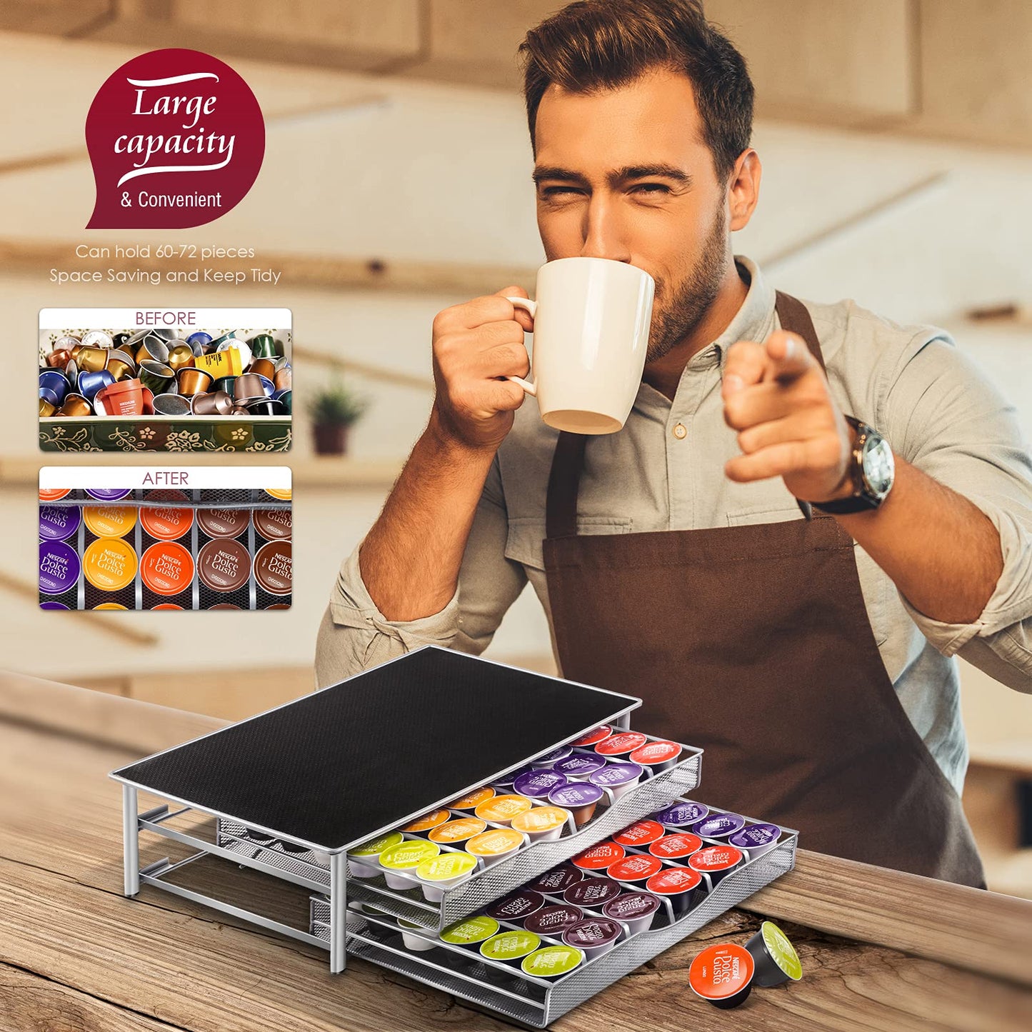 - Myiosus Dolce Gusto Pod Holder - 2 Tier Coffee Capsule Storage Drawer for 72 Pods -