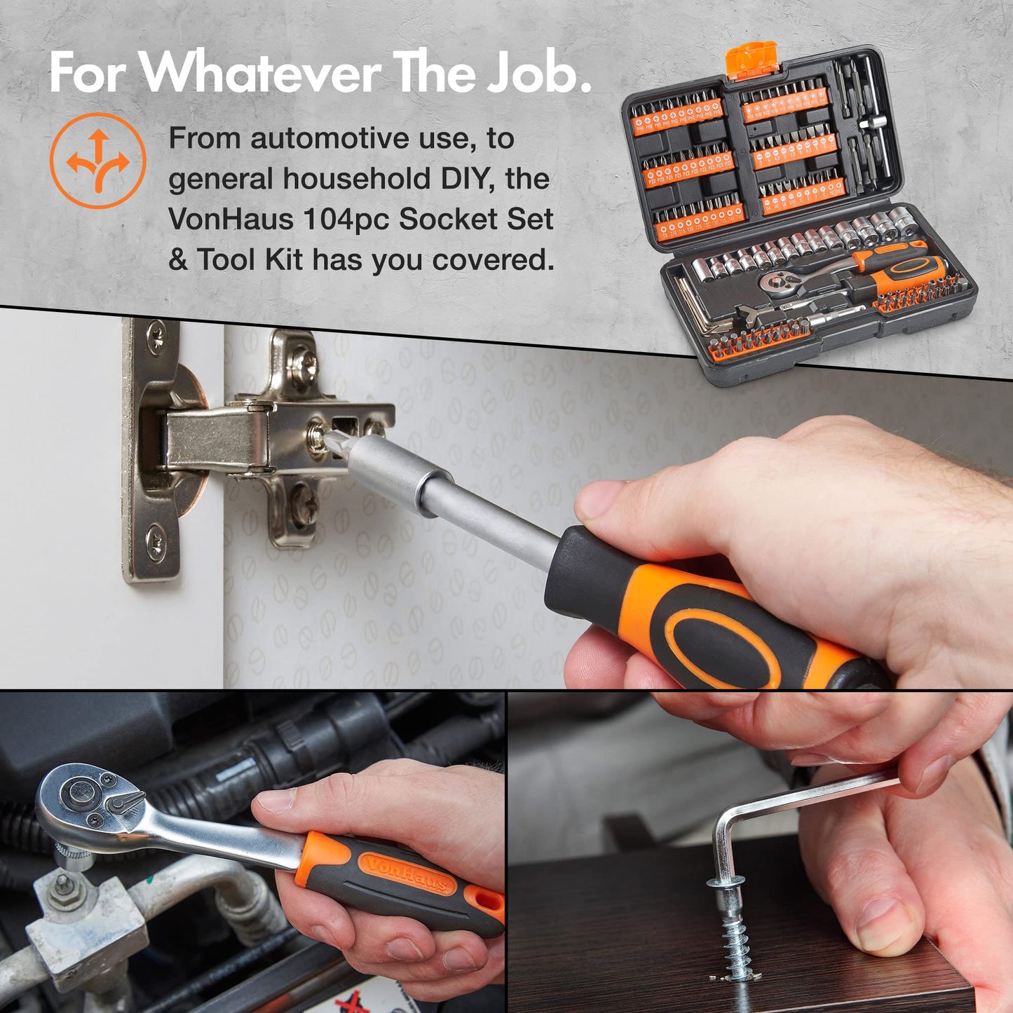 - VonHaus 130pc Socket + Bit Set Including 72-Teeth Ratchet Handle -