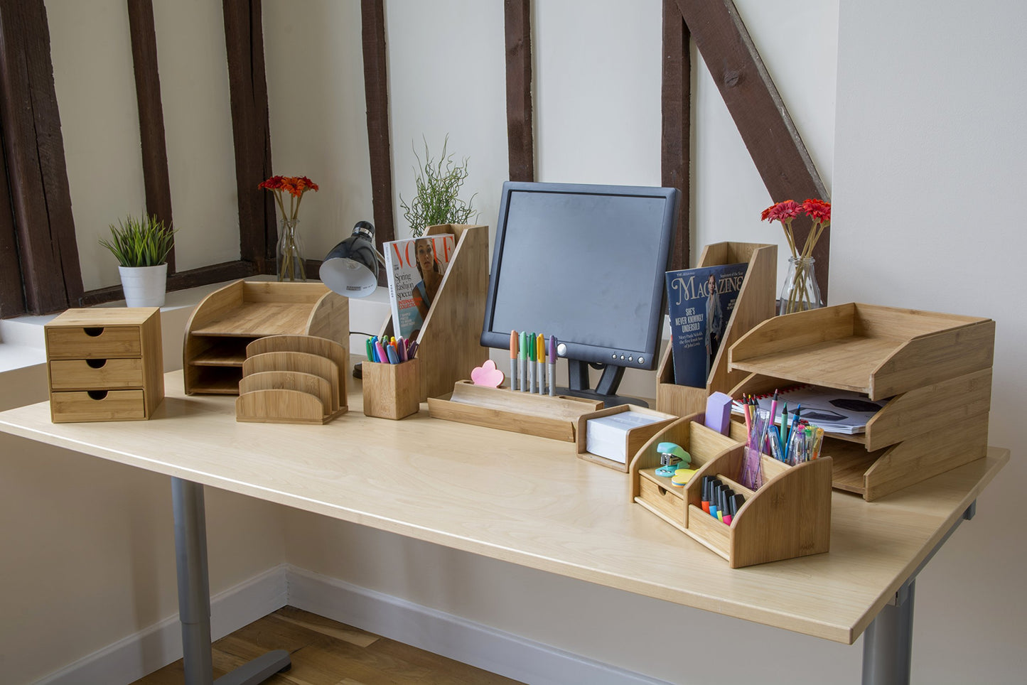 - OSCO Bamboo Square Pen Pot | Wood Pencil Holder | Desk Tidy | Office Organiser -