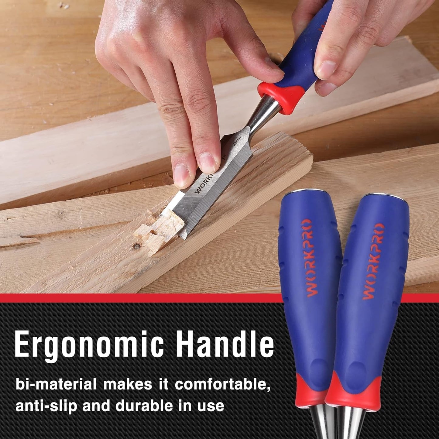 - WORKPRO Wood Chisel Set, 3 Pieces Wood Carving Chisels 12 mm, 19 mm, 25 mm, Cr-V Bevel Edge Chisels with Steel Hammer End and Non Slip Handle