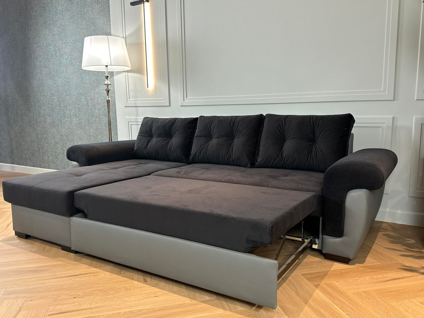 Corner Sofa bed with Storage Black Fabric Grey Leather