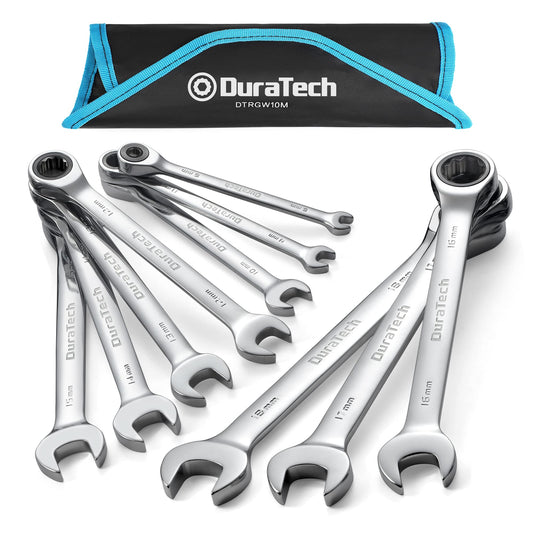 - DURATECH 10-Piece Ratchet Combination Spanner Set | Fixed Head Open End Combination Wrench Set with Roll Pouch | Metric | 6-18mm | 12 Point | CR-V Steel -