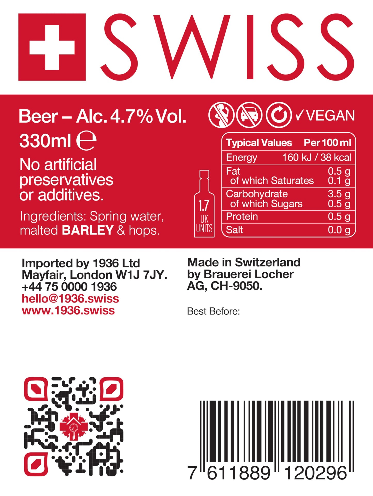 1936 Bière Premium Lager from the Heart of the Swiss Alps Gift Set 4.7%, 6 x 330ml