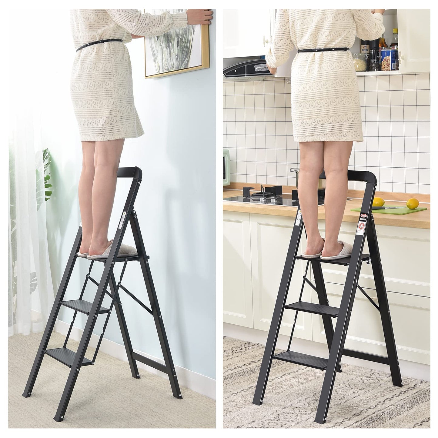 - KINGRACK 3 Step Ladder With Handrail | Non-Slip Household Ladder With Folding Safety -