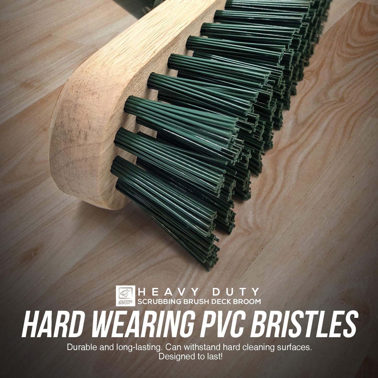 9" Stiff Heavy Duty Long Handled Scrubbing Brush Deck Broom with Wooden Handle PVC Bristles