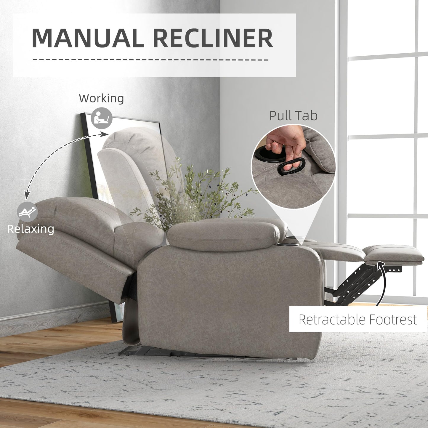 - HOMCOM Microfibre Recliner Armchair | Adjustable Leg Rest | Cup Holder -