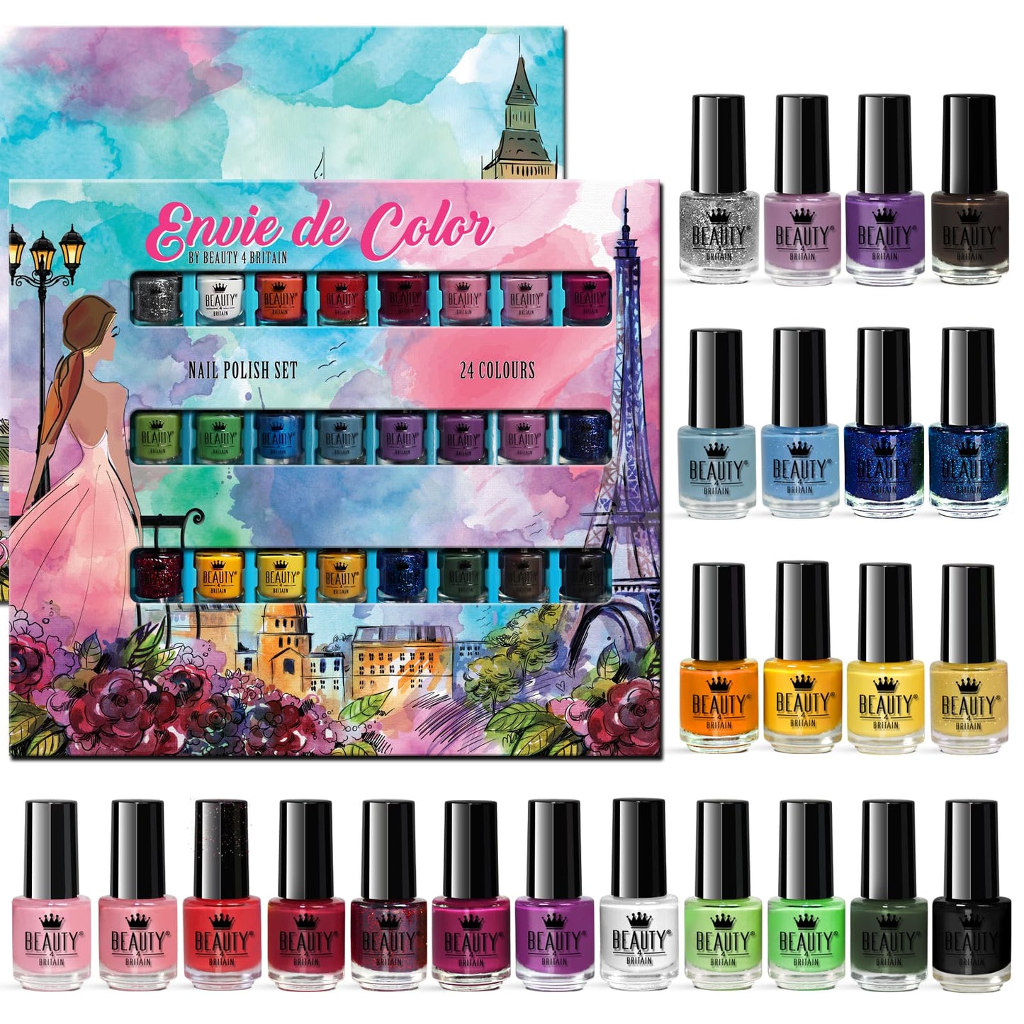 Beauty4Britain Nail Polish Varnish Set 48 Modern Colours + 2 Nail Art Sticker Sets + 2 Display Boxes