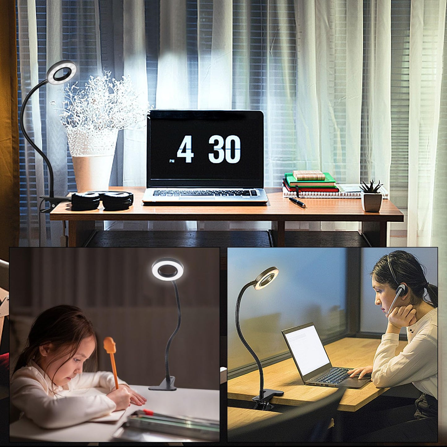 - Woputne Desk Lamp Clip Light, 10 Dimmable Brightness 3 Light Modes Reading Light