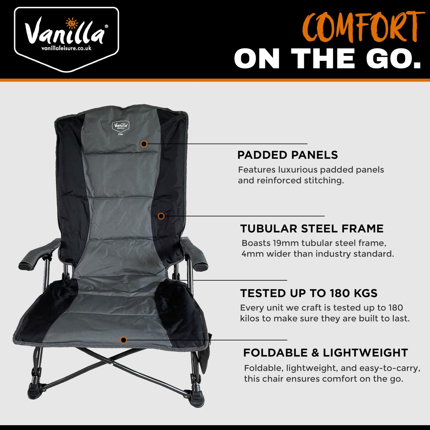 - Vanilla Leisure Camping Chair - Max 180kg Load Collapsible Camping Chairs for Heavy People -