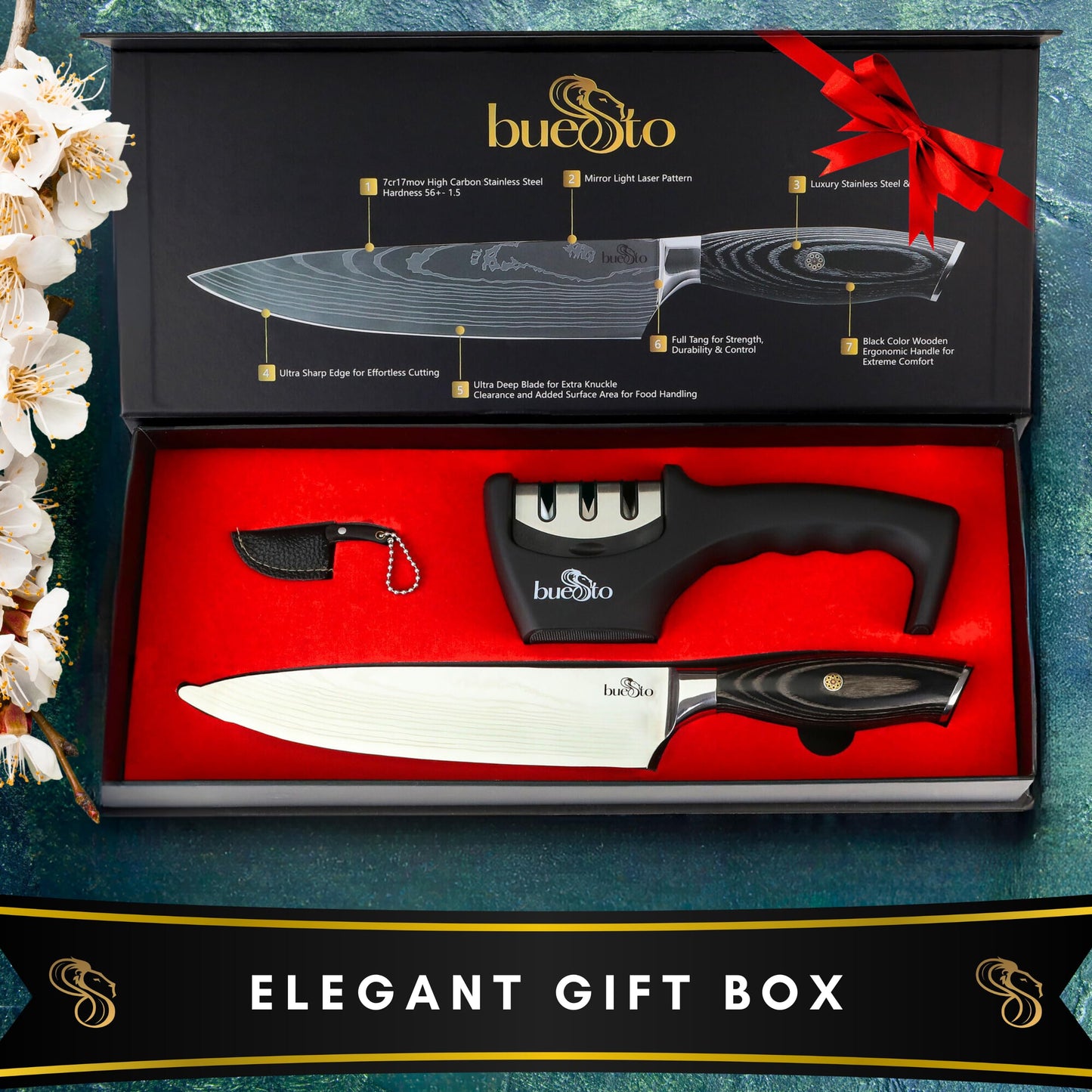 BUESTO Chef Knife and 3-Stage Knife Sharpener - 8 inch Ultra Sharp Kitchen Knife - High Carbon Stainless Steel Chefs Knife - Long Lasting Japanese Knife - Ergonomic Pakkawood Handle - Chef Gifts