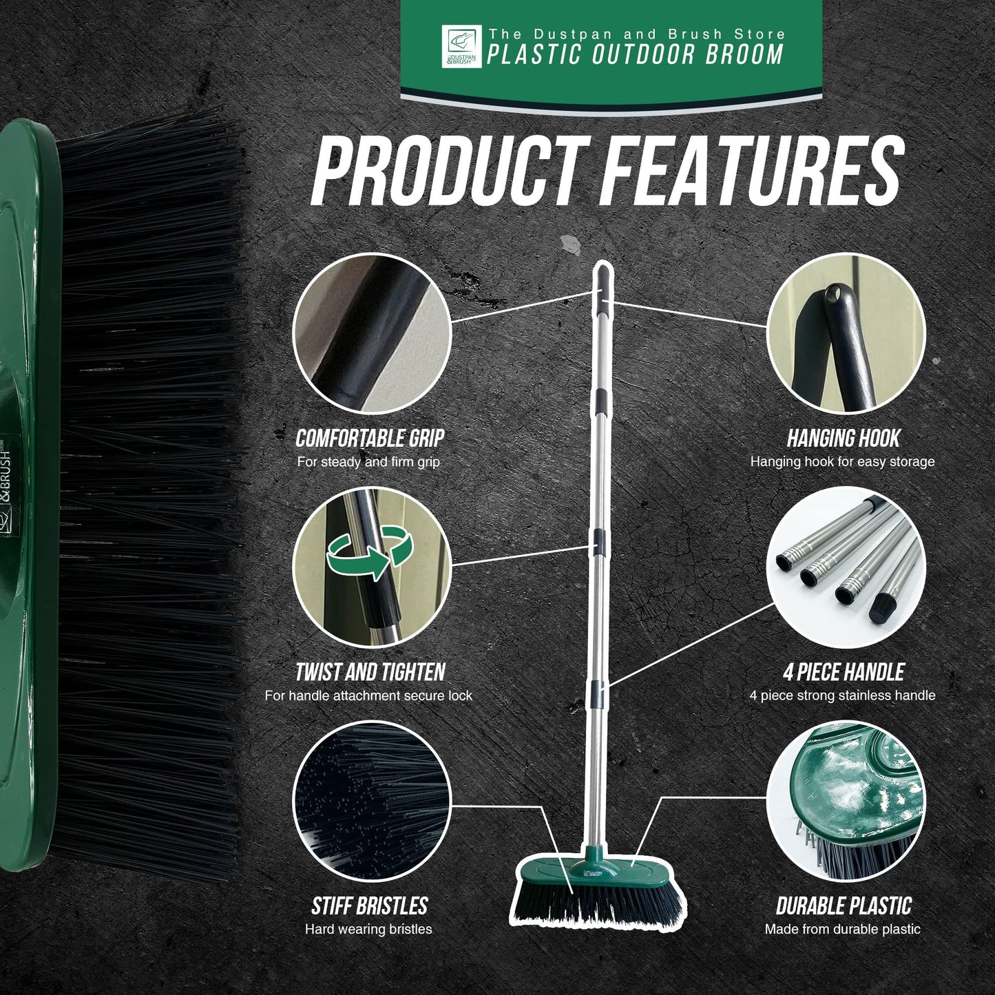 - Yard Broom Outdoor Heavy Duty, 10” Synthetic Hard Bristle Brush Head and 4-Sections Stainless Steel Handle, Stiff Sweeping Broom for Cleaning Gardens, Yards, and Driveways