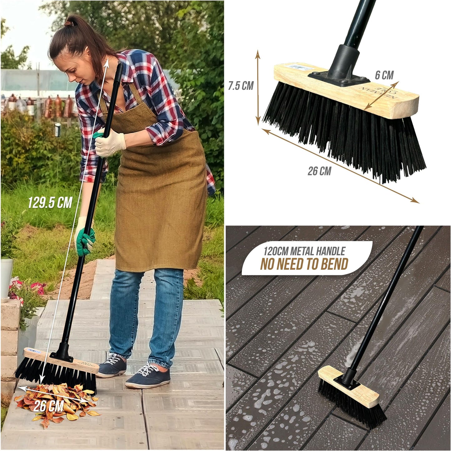 10” Stiff Broom Outdoor Garden Broom Heavy Duty with Metal Broom Handle Stiff PVC Hard Bristle Yard Brush Factory Warehouse Floors Commercial and Industrial Broom Strong PVC Brush