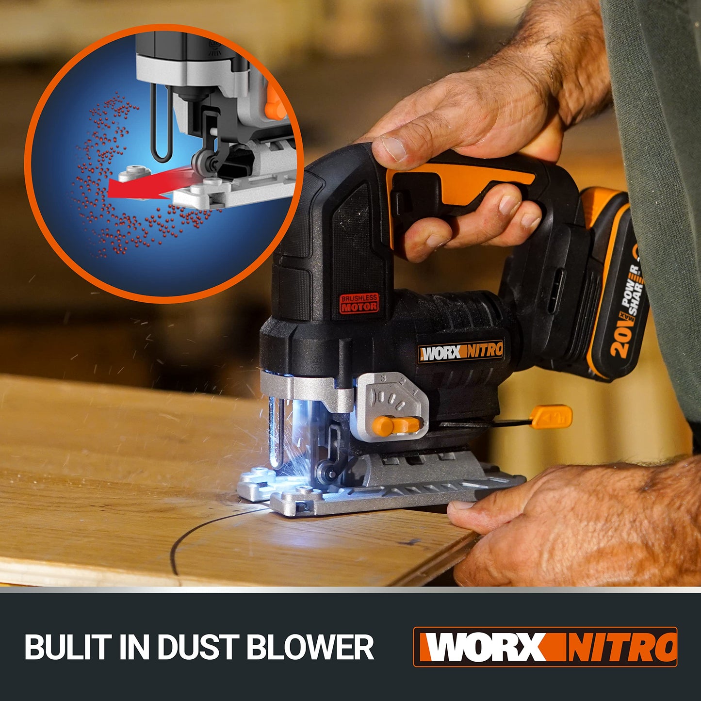 - WORX Nitro 18V(20V Max) Cordless Brushless Jigsaw WX542 Jig Saw, 3500spm, Maximum in Wood 120mm/steel 10mm, 26 mm Stroke Length, 45 °Bevel Capacity, PowerShare, 1 * 2.5Ah Battery & 1 * 2A Charger