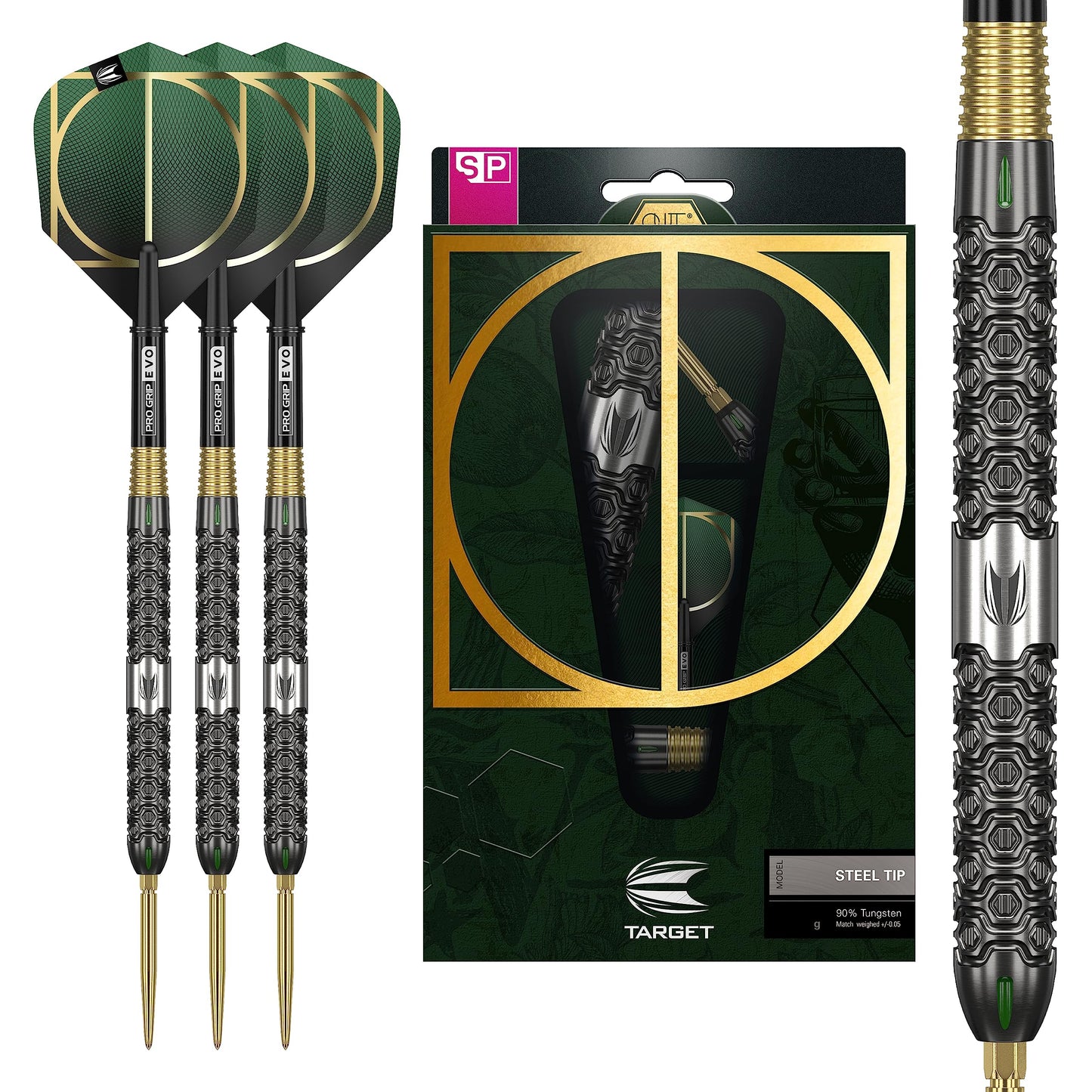 - Target Darts | Cult 90% Tungsten Swiss Point Set Steel Tip Darts | Black, Green and Gold | 24G | UK -